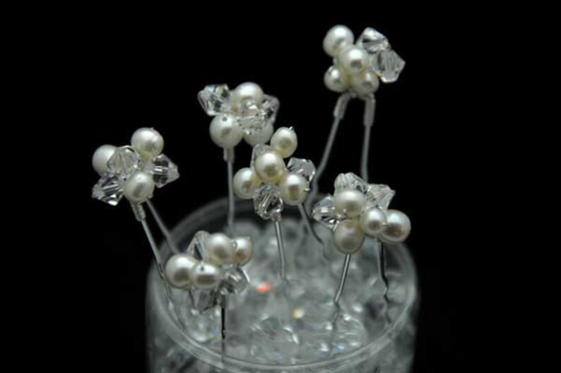 Set of 6 Freshwater Pearl & Swarovski Crystal cluster Hair Pins image 1