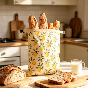 Könnte beinhalten: Eine beige Brottasche mit Zitronenmuster enthält mehrere Baguettes. Ein Brotlaib und Scheiben liegen auf Holzbrettern. Ein Glas Milch steht auf dem Tisch. Die Küchenumgebung hat eine warme, einladende Atmosphäre.