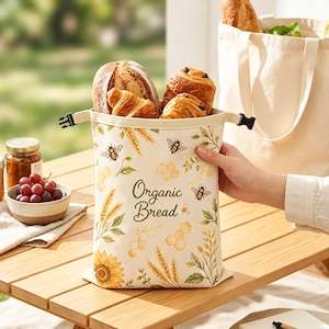Può includere: Un sacchetto per il pane in tessuto color crema con chiusura a rullo e fibbie in plastica nera. Il sacchetto presenta una stampa di girasoli, spighe di grano, favi e api, con la scritta Organic Bread in corsivo verde scuro.