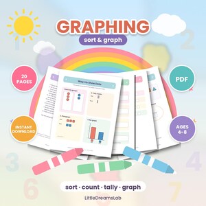 Può includere: Un set di schede didattiche intitolate Graphing sort & graph, che comprende 20 pagine di attività per bambini dai 4 agli 8 anni. Le pagine includono istruzioni per ordinare, contare e rappresentare dati graficamente, con illustrazioni di pastelli.