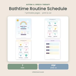 May include: A printable Bathtime Routine Schedule for autism and speech therapy, featuring seven pages in PDF format. The pages include colorful icons and text for steps like run bath, undress, get in tub, rubber duck, shampoo, rinse hair, and wash body.