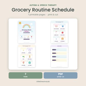 Può includere: Un set di sette pagine stampabili per un programma di routine della spesa, con icone colorate e testo per l'autismo e la logopedia. Le pagine includono passaggi visivi come prendere un carrello, scegliere la frutta ed effettuare il pagamento.