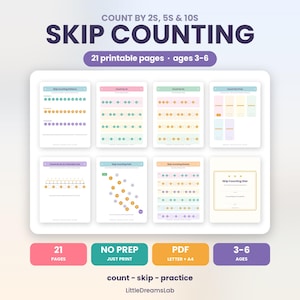 Può includere: Un set di 21 pagine educative stampabili intitolate Skip Counting, progettate per bambini dai 3 ai 6 anni. Le pagine presentano esercizi colorati per contare per 2, 5 e 10, inclusi linee numeriche, percorsi e fogli di ripasso in formato PDF.