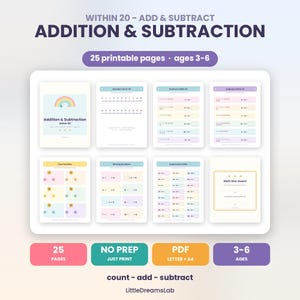 Könnte beinhalten: Ein Set aus 25 ausdruckbaren Mathe-Arbeitsblättern für Kinder im Alter von 3-6 Jahren zur Addition und Subtraktion bis 20. Die Seiten enthalten Zahlenstrahlen, Aufgabenfamilien, fehlende Zahlen und eine Math Star Award-Urkunde im bunten Design.