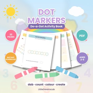 Può includere: Un libro di attività digitale con pennarelli a punta tonda di 23 pagine per bambini dai 2 ai 5 anni. La copertina mostra il testo DOT MARKERS Do-a-Dot Activity Book, con illustrazioni di sole, nuvole, arcobaleno e pastelli. Le pagine includono esercizi.