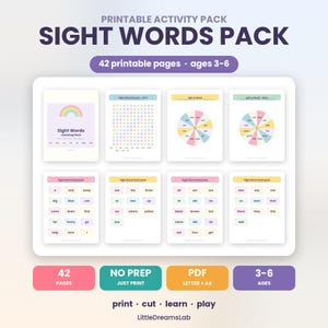 Può includere: Un pacchetto di attività stampabile per l'apprendimento delle parole comuni, composto da 42 pagine per bambini dai 3 ai 6 anni. Include una copertina con un arcobaleno, griglie di ricerca parole, ruote di lettura e schede con parole colorate.