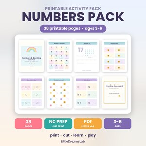 Può includere: Un pacchetto di attività stampabile intitolato Numbers Pack contenente 38 pagine per bambini dai 3 ai 6 anni. Il set include otto fogli con esercizi di matematica come conteggio, legami numerici, segni di conteggio e un certificato Counting Star Award.