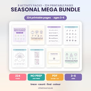 Può includere: Un mega pacchetto stagionale di 8 set di attività con 224 pagine stampabili per bambini dai 3 ai 6 anni. La raccolta include schede didattiche a tema Ringraziamento e Natale con labirinti, colora per numero e compiti di logica in PDF.