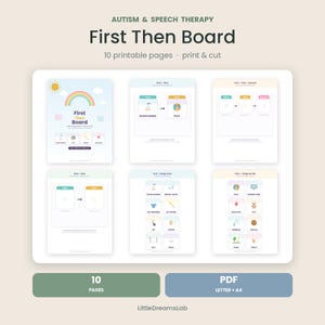 Può includere: Un set digitale di 10 pagine stampabili per una tavola First Then per l'autismo e la logopedia. Le pagine presentano icone colorate, un arcobaleno ed etichette di testo per le attività quotidiane, formattate per carta in formato A4 e letter.