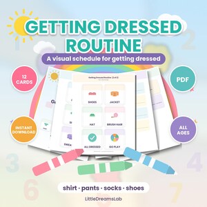 Può includere: Un programma visivo Getting Dressed Routine con 12 schede, formato PDF e download immediato. Il documento mostra icone per scarpe, giacca, cappello, spazzolare i capelli, vestito e giocare, con grafiche di pastelli colorati e numeri sullo sfondo.