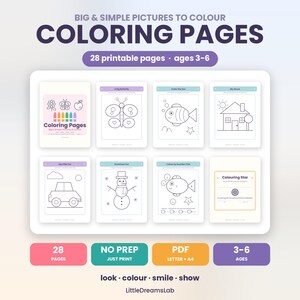 Può includere: Una raccolta di 28 pagine da colorare stampabili per bambini dai 3 ai 6 anni, con semplici disegni al tratto in bianco e nero tra cui una farfalla, un pesce, una casa, un'auto e un pupazzo di neve, in formato PDF digitale da stampare.