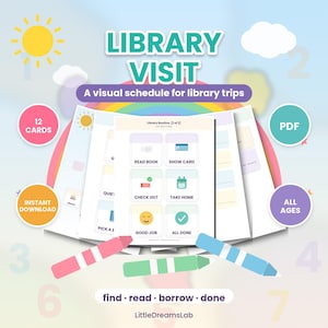 Può includere: Un programma visivo per le visite in biblioteca con 12 schede, in formato PDF e download immediato. Il documento mostra una routine con icone e testo, tra cui READ BOOK, SHOW CARD, CHECK OUT, TAKE HOME, GOOD JOB e ALL DONE. Pastelli colorati e uno sfondo arcobaleno incorniciano le pagine.