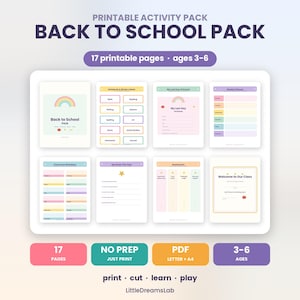 Può includere: Un pacchetto di attività stampabile per il rientro a scuola con 17 pagine per bambini dai 3 ai 6 anni. Il set include etichette, un pianificatore settimanale, calendari di compleanno, schede degli obiettivi e segnalibri a tema arcobaleno.