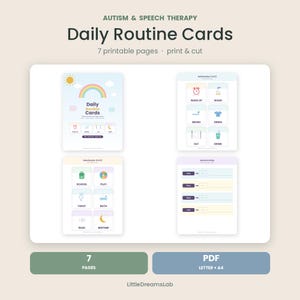 Può includere: Un set di schede di routine quotidiana stampabili per autismo e logopedia, con sette pagine di icone colorate ed etichette di testo per attività come svegliarsi, lavarsi, spazzolarsi, vestirsi, mangiare, bere, scuola, gioco e andare a dormire.