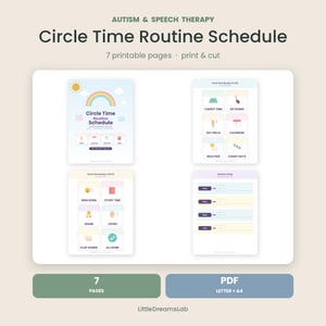 Peut inclure: Un emploi du temps imprimable pour le cercle de parole, conçu pour l'autisme et l'orthophonie, comprenant sept pages d'icônes et de textes colorés. Il inclut des activités quotidiennes comme le calendrier, la météo et des bandes de phrases.