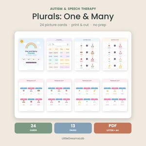 May include: A digital educational resource titled Autism & Speech Therapy Plurals: One & Many, featuring 24 picture cards across 13 pages. The layout includes colorful worksheets with illustrations of objects and their plural forms, available in PDF format.