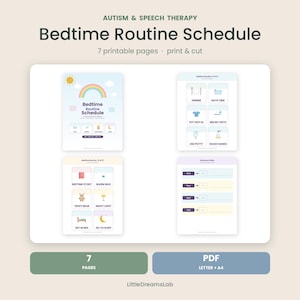 May include: A printable Bedtime Routine Schedule for autism and speech therapy featuring seven pages. The document includes colorful icons and text for tasks like dinner, bath time, brushing teeth, and reading stories, organized in a clear layout.