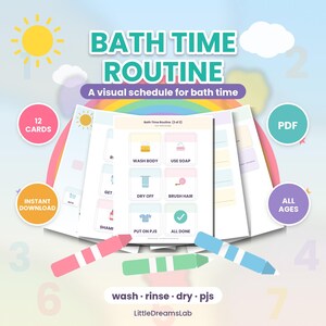 Può includere: Un programma visivo Bath Time Routine con 12 schede in formato PDF. Il documento mostra icone e testo per attività come lavare il corpo, usare il sapone, asciugarsi, spazzolare i capelli e mettere il pigiama. Il design include arcobaleno e pastelli.