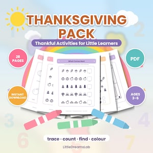 Può includere: Un set di attività educative Thanksgiving Pack per bambini dai 3 ai 6 anni, con 28 pagine di fogli di lavoro PDF stampabili. Le pagine includono compiti di tracciamento, conteggio e colorazione con icone a tema autunnale come zucche e ghiande.