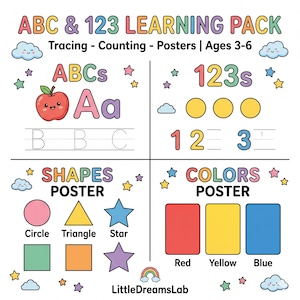 Può includere: Un poster educativo ABC & 123 Learning Pack per bambini dai 3 ai 6 anni con tracciamento, conteggio, forme e colori. Il design include una mela rossa, lettere colorate, numeri, forme geometriche e stelle con il testo LittleDreamsLab in basso.