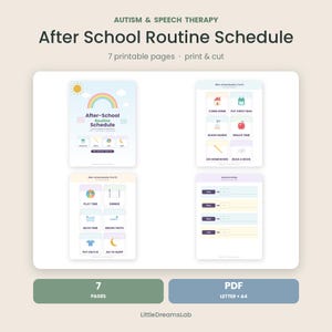 May include: A printable after-school routine schedule for autism and speech therapy, featuring seven pages with colorful icons and text for daily tasks like come home, wash hands, snack time, homework, reading, play, dinner, bath, and bedtime.