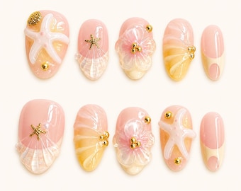 Beach Press On Nails, 3D Starfish & Shell Design, Handmade Summer Ocean Nail Art, Pastel Pink Yellow Nails, Vacation Nail Set | N50