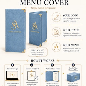 K&ouml;nnte beinhalten: Ein hellblaues Men&uuml;cover aus Samt mit den Ma&szlig;en 10,16 cm mal 30,48 cm, goldenen Ecken und einem individuellen goldenen Logo mit dem Text Sarah & Arthur. Die Grafik zeigt einen vierstufigen Prozess zur Bestellung von individuellen Men&uuml;covern.