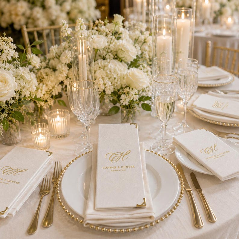 K&ouml;nnte beinhalten: Eine formelle Tischdekoration mit wei&szlig;en Tellern mit goldenem Perlenrand, cremefarbenen Men&uuml;karten mit goldener Schrift Connor & Hunter, passenden Servietten, Kristallgl&auml;sern, brennenden Stumpenkerzen und gro&szlig;en wei&szlig;en Blumenarrangements.
