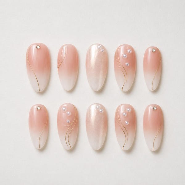 Blush Pearl Press On Nails – Soft Pink Ombre Nails with Gold Lines, Elegant Bridal Almond Nail Set | N70