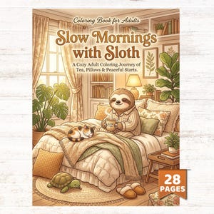 Könnte beinhalten: Ein Malbuch mit dem Titel "Slow Mornings with Sloth" zeigt ein Faultier im Pyjama, das eine Tasse mit der Aufschrift "Slow Tea" hält. Das Buch hat 28 Seiten und enthält Illustrationen einer gemütlichen Schlafzene mit Katze und Schildkröte.