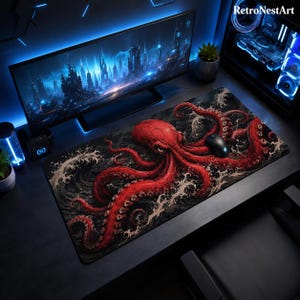 Red Octopus Desk Mat, Dark Nautical Large Mousepad, Retro Ocean Wave Gaming Mat, Sea Monster Office Pad for Men, Travel Desk Gift