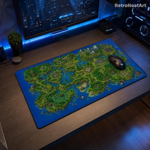 May include: A rectangular gaming mousepad featuring a detailed map design with blue water and green landmasses. A black wireless mouse rests on the map. The mousepad is on a dark wooden desk.