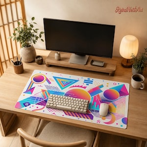 Può includere: Una configurazione da scrivania con un tappetino per mouse bianco con un design geometrico colorato. Una tastiera e un mouse sono sopra, con un monitor per computer su un supporto in legno. Una lampada, una tazza di caffè e una pianta completano la scena.