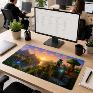 May include: A rectangular mousepad featuring a Minecraft landscape with a pixelated character holding a sword. The design includes a sunset, mountains, trees, and pixelated blocks in shades of green, blue, and orange.