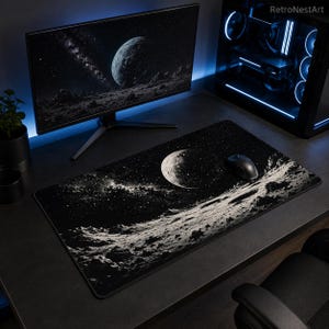 Monochrome Moon Desk Mat, Black White Cosmos Mousepad, Lunar Surface Gaming Pad, Starry Office Decor, Astronomy Gift for Dark Setup