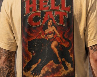 Pinup Hell Cat Panther Vintage Poster Rock T-Shirt | Grunge Trendy Streetwear Retro Print Schwergewicht Baggy Loose Fit Geschenk für Cars Racing Fan
