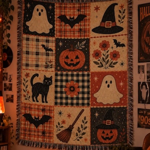 Halloween patchwork deken met kwastjes, geweven hoes voor op de bank, vintage gezellige woondecoratie, wandtapijt voor op kantoor, dutje, herfst jaren 90