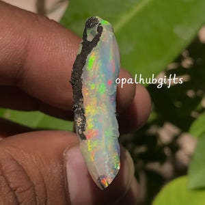 Puede incluir: Una piedra preciosa de ópalo en bruto con una matriz negra en un lado. El ópalo muestra colores iridiscentes de verde, rojo y amarillo. El texto "opalhubgifts" es visible en el lado derecho de la piedra.