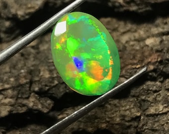 May include: An oval-shaped opal gemstone featuring a translucent body with vibrant flashes of neon green, bright orange, and deep blue play-of-color. The gemstone is held by a pair of metal tweezers, showcasing its polished, faceted surface.