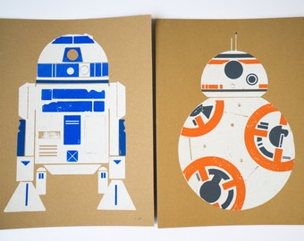 Droid Combo: BB8 and R2D2 Wood Block Screen Print Poster