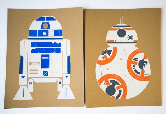 Droid Combo: BB8 and R2D2 Wood Block Screen Print Poster