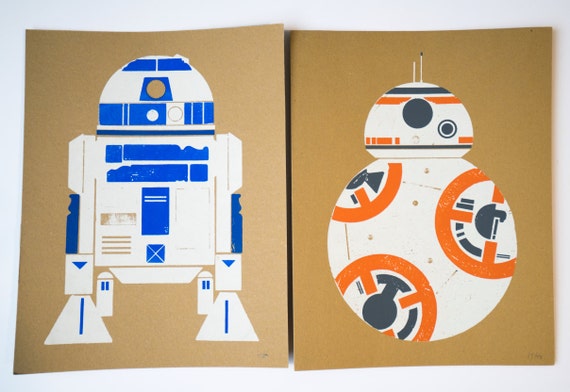 Droid Combo: BB8 and R2D2 Wood Block Screen Print Poster