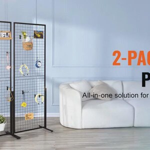 May include: Two black gridwall panel displays with various decorative items attached. The panels are freestanding and have a rectangular shape. The text "2-PACK GRIDWALL PANEL PANELS" is displayed in orange and black. The text "All-in-one solution for storage, say goodbye to clutter" is also visible.