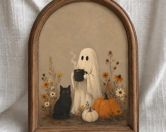 Ghost Coffee Print, Cute Ghost Drinking Coffee Black Cat Pumpkin Art, Cottagecore Halloween Decor, Vintage Autumn Printable Digital Download