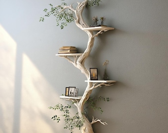 Estantería moderna de ramas blancas – Estantería flotante escultural de madera maciza para pared