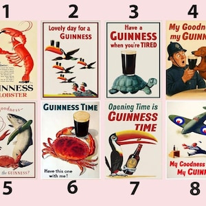 Puede incluir: Una colecci&oacute;n de ocho carteles publicitarios vintage de Guinness con ilustraciones de animales como langostas, tucanes, tortugas, cangrejos y perros, junto a una pinta de cerveza, un avi&oacute;n y esl&oacute;ganes como My Goodness My Guinness.
