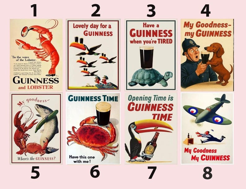 Puede incluir: Una colecci&oacute;n de ocho carteles publicitarios vintage de Guinness con ilustraciones de animales como langostas, tucanes, tortugas, cangrejos y perros, junto a una pinta de cerveza, un avi&oacute;n y esl&oacute;ganes como My Goodness My Guinness.