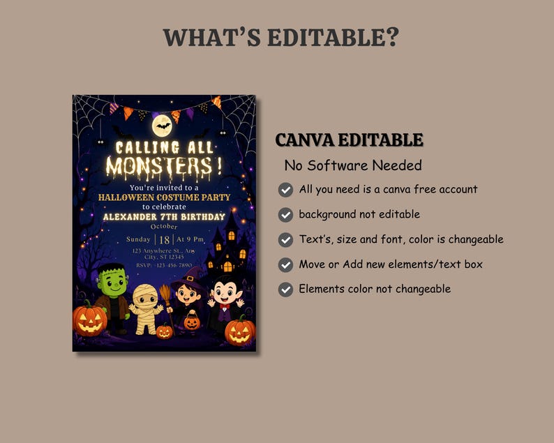 monster bash invite, boo birthday invite, costume party invite, kids costume invite, spooky fun invite, halloween invitation, monsters party card, spooky party invite, editable invite, halloween birthday, instant download, kids costume party, trick or treat card