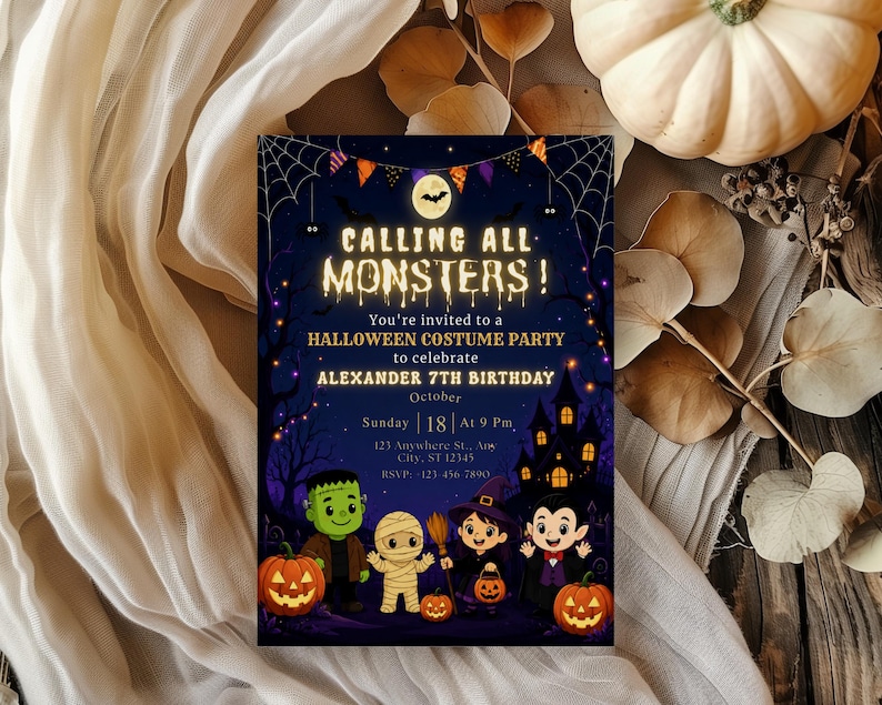 monster bash invite, boo birthday invite, costume party invite, kids costume invite, spooky fun invite, halloween invitation, monsters party card, spooky party invite, editable invite, halloween birthday, instant download, kids costume party, trick or treat card