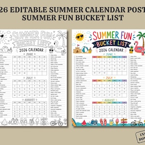 Può includere: Due calendari stampabili di liste di cose da fare per l'estate 2026. Ogni calendario presenta un elenco di attività estive con caselle di controllo per giugno, luglio e agosto. I calendari sono decorati con illustrazioni a tema estivo.